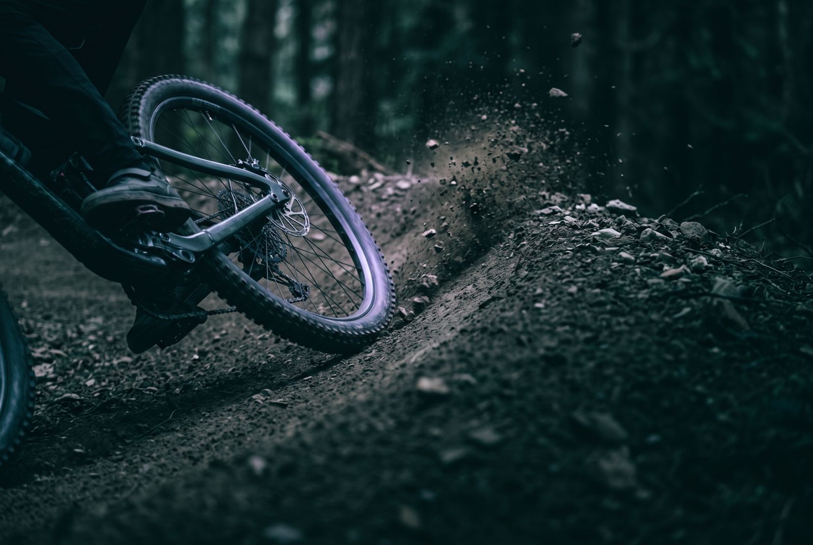 A mountain bike tire carving hard through a dirt berm, spraying soil out of the turn